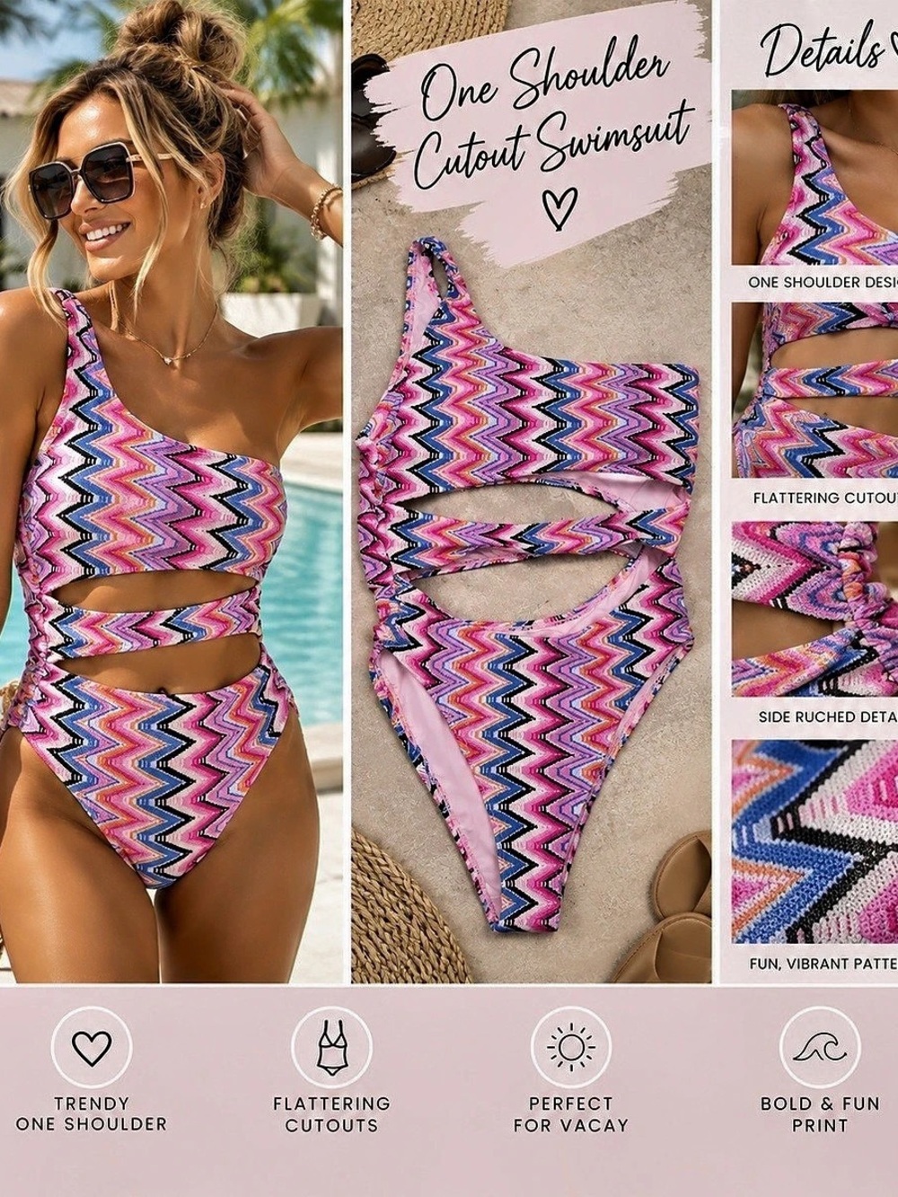 One-Shoulder Cutout Bikini in Pink & Blue